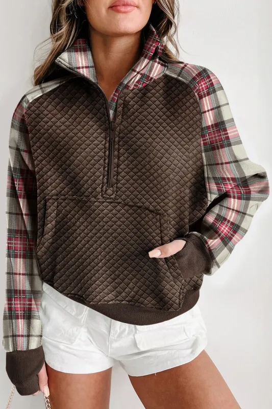 Khaki Printed Plaid Sleeve Patchwork Collared Textured Sweatshirt sold by Beagle Boutique
