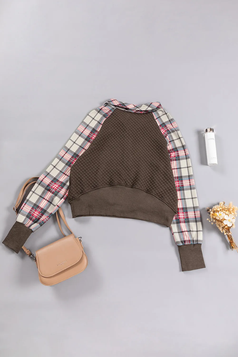 Khaki Printed Plaid Sleeve Patchwork Collared Textured Sweatshirt sold by Beagle Boutique product image thumbnail 3