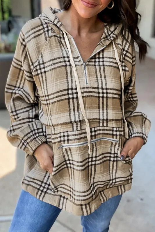 Khaki Printed Zipped Front Pullover Plaid Hoodie sold by Beagle Boutique