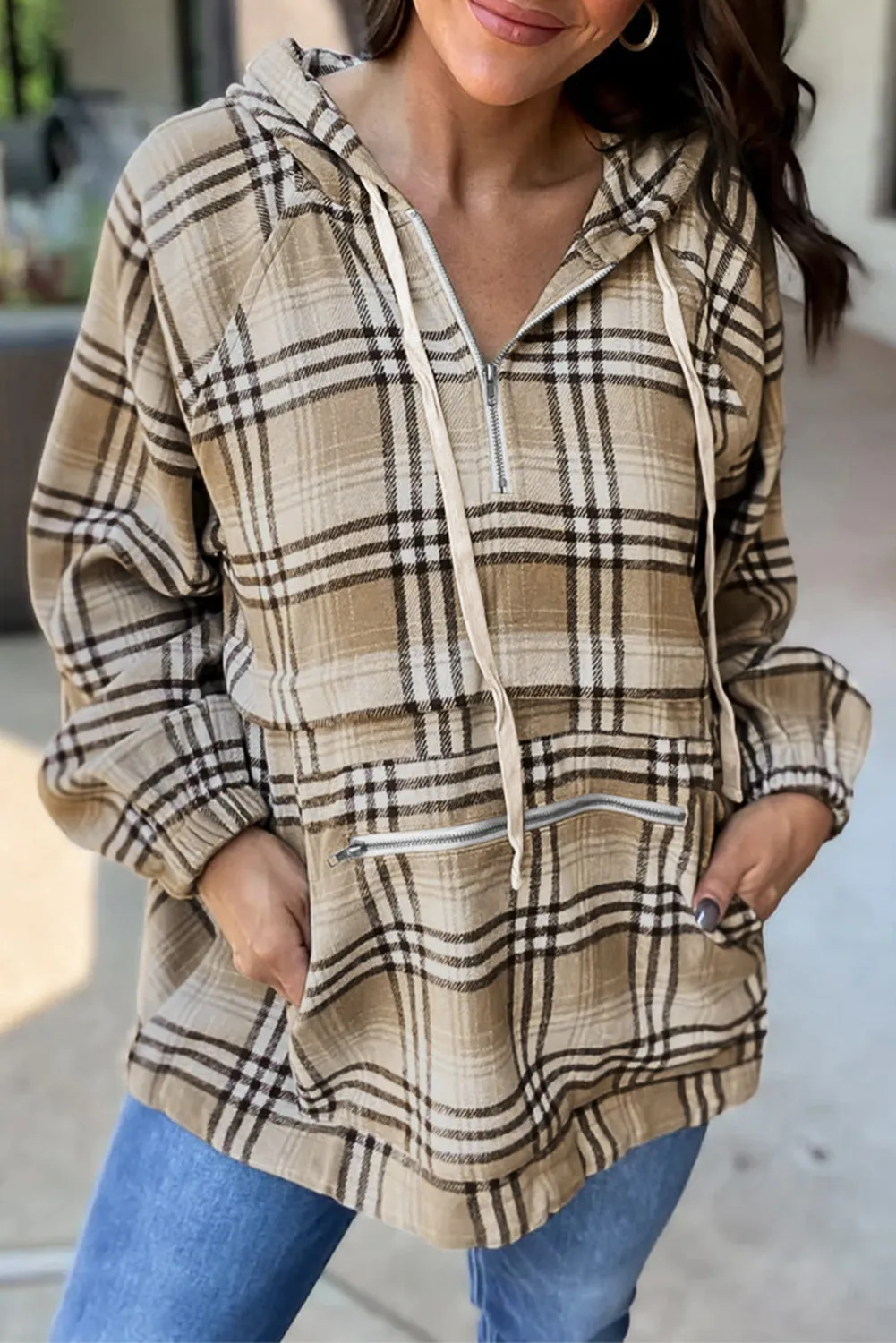 Khaki Printed Zipped Front Pullover Plaid Hoodie sold by Beagle Boutique
