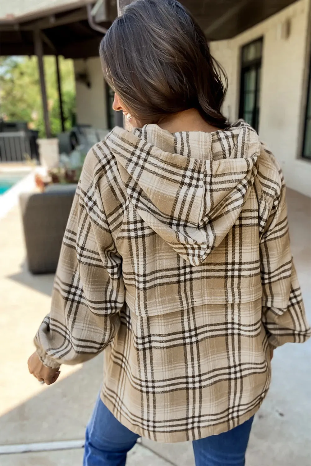 Khaki Printed Zipped Front Pullover Plaid Hoodie sold by Beagle Boutique product image thumbnail 2