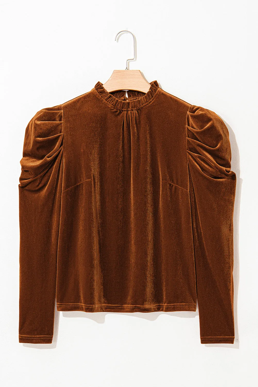 Brown Frilled Collar Puff Sleeve Velvet Top sold by Beagle Boutique product image thumbnail 3