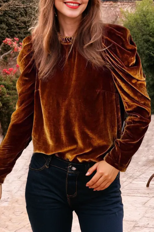 Chestnut Frilled Collar Puff Sleeve Velvet Top sold by Beagle Boutique