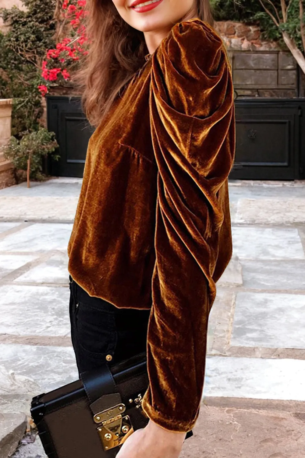 Brown Frilled Collar Puff Sleeve Velvet Top sold by Beagle Boutique product image thumbnail 2