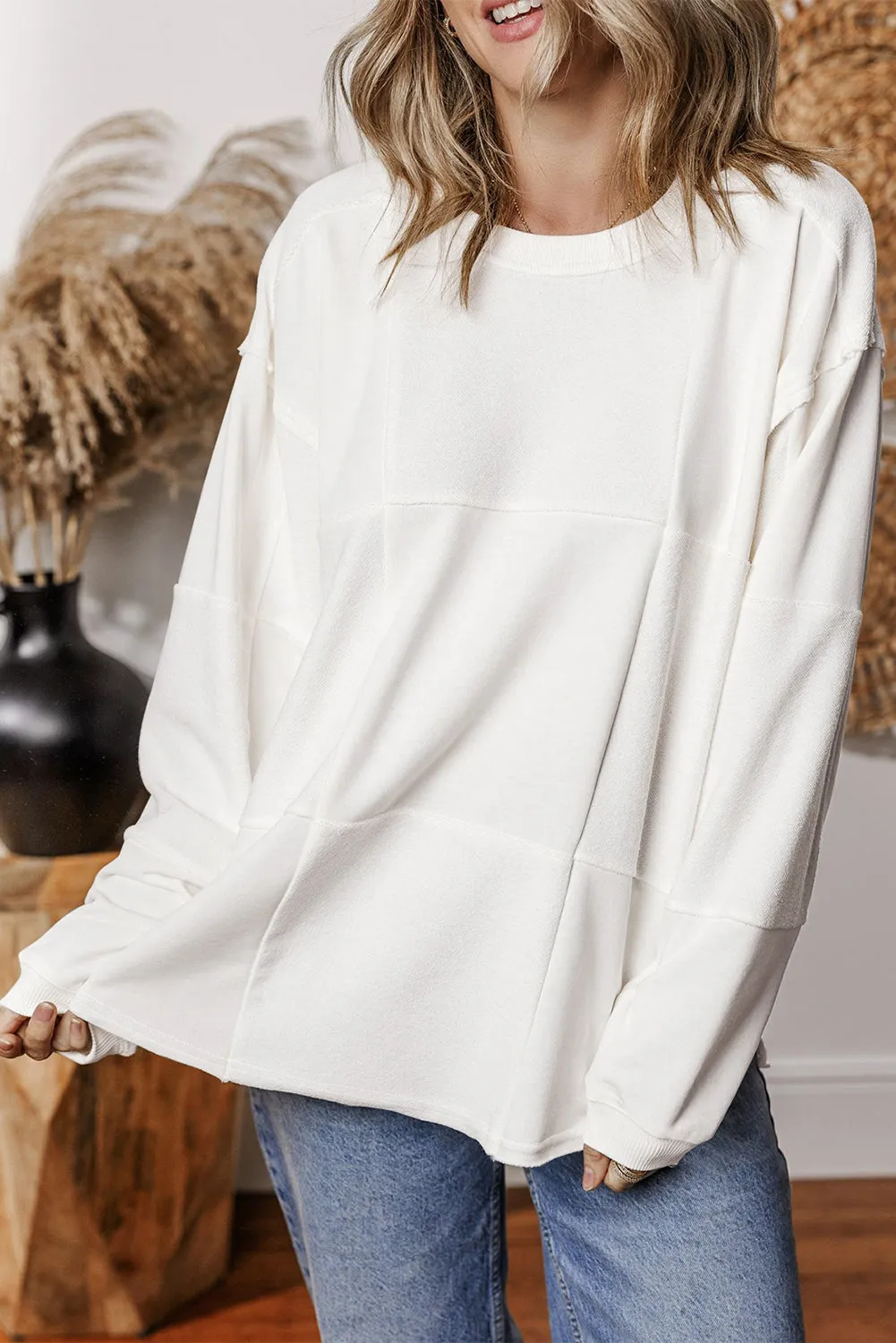 White Solid Colour Patchwork Drop Shoulder Baggy Sweatshirt sold by Beagle Boutique product image thumbnail 3