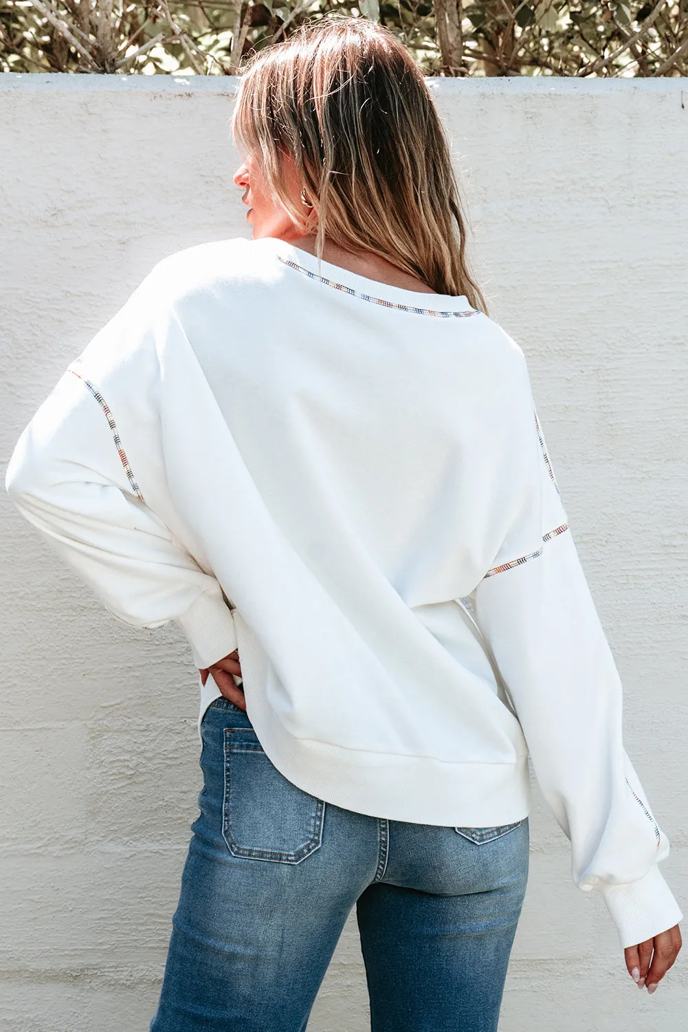 White Contrast Rainbow Trim Drop Shoulder Pullover Sweatshirt sold by Beagle Boutique product image thumbnail 2