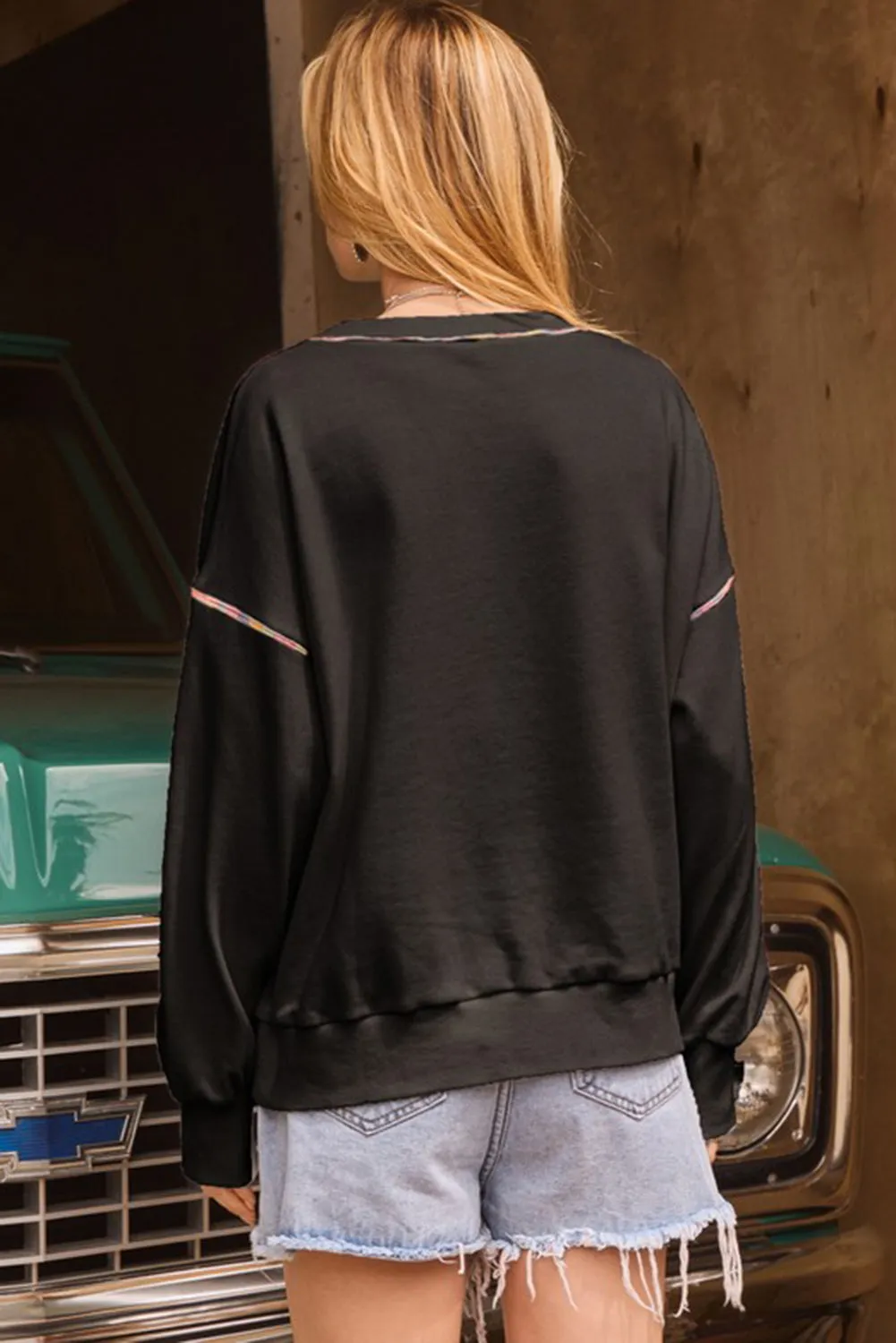 White Contrast Rainbow Trim Drop Shoulder Pullover Sweatshirt sold by Beagle Boutique product image thumbnail 5