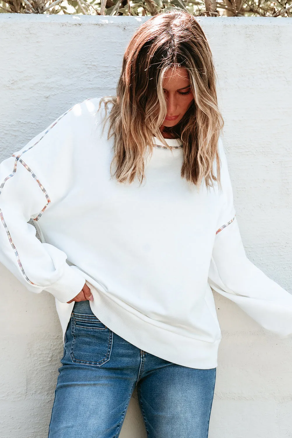 White Contrast Rainbow Trim Drop Shoulder Pullover Sweatshirt sold by Beagle Boutique product image thumbnail 3