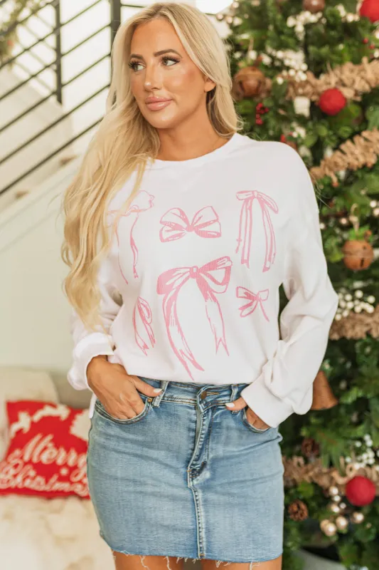 White Bowknot Pattern Ribbed Long Sleeve Drop Shoulder Top sold by Beagle Boutique
