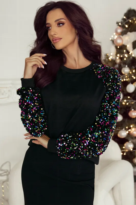 Black Sequin Raglan Sleeve Crewneck Pullover Sweatshirt sold by Beagle Boutique