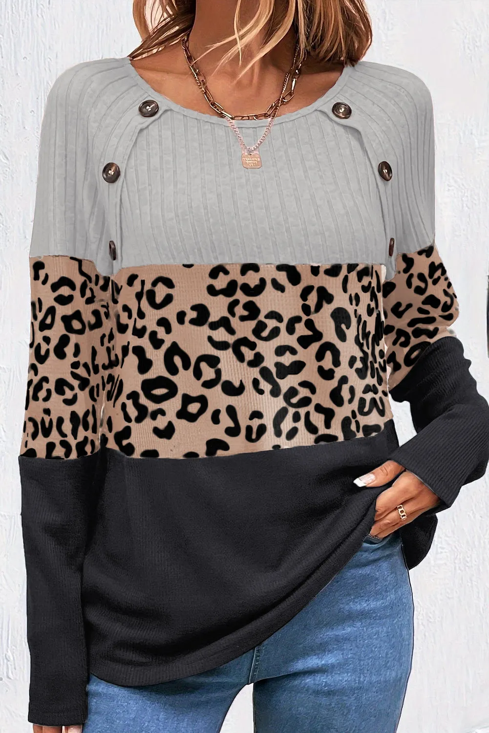 Grey Cheetah Textured Patchwork Buttoned Round Neck T Shirt sold by Beagle Boutique product image thumbnail 2