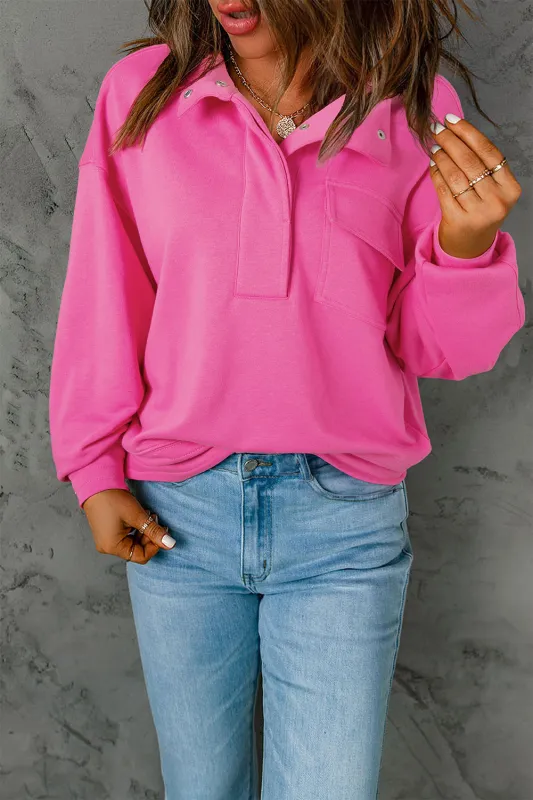 Bright Pink Vintage Mineral Wash Half Button Collared Sweatshirt sold by Beagle Boutique