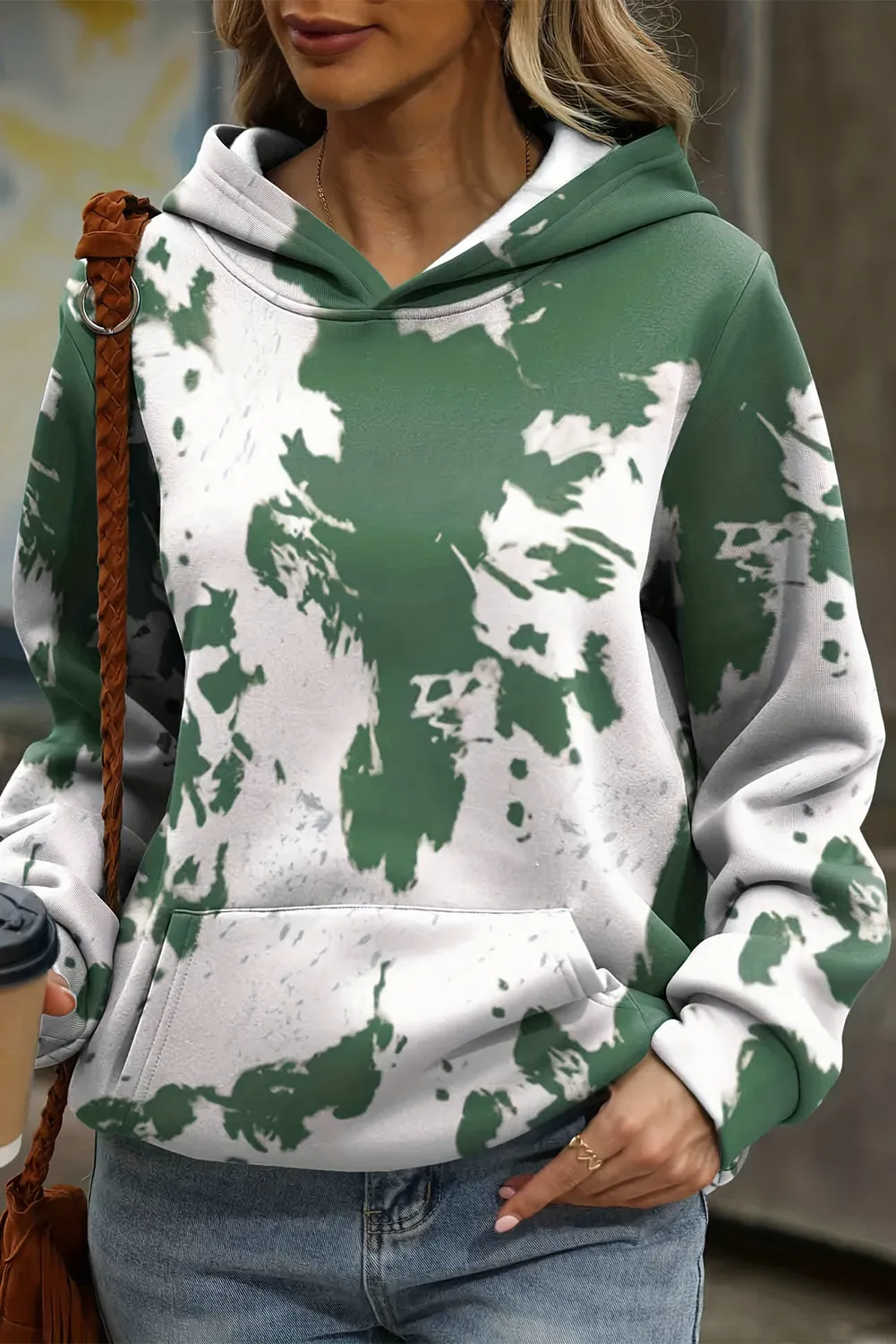Green Tie Dye Print Kangaroo Pocket Loose Hoodie sold by Beagle Boutique