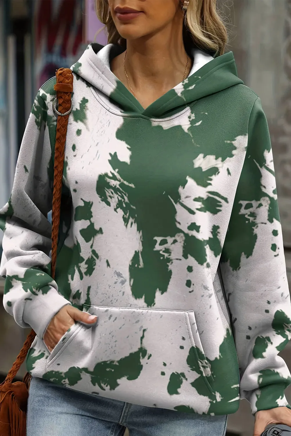 Green Tie Dye Print Kangaroo Pocket Loose Hoodie sold by Beagle Boutique product image thumbnail 3