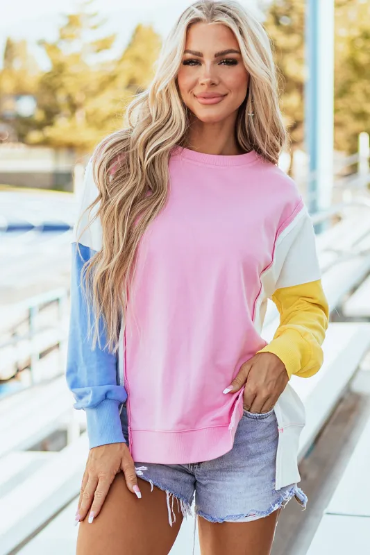 Bonbon Colour Block Exposed Seam Side Slits Crewneck Sweatshirt sold by Beagle Boutique