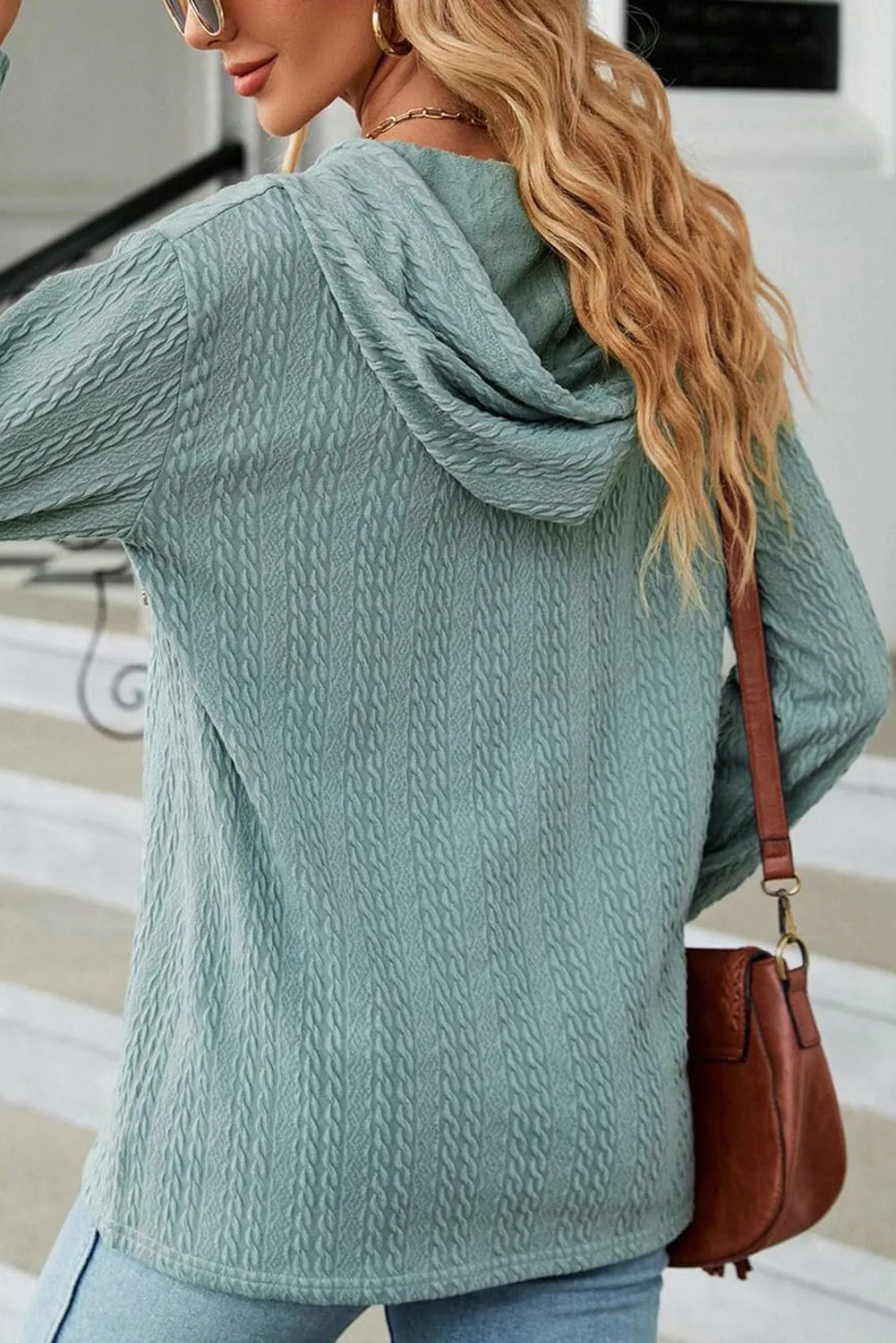 Mint Green Button Front Textured Drawstring Hooded Long Sleeve Top sold by Beagle Boutique product image thumbnail 2