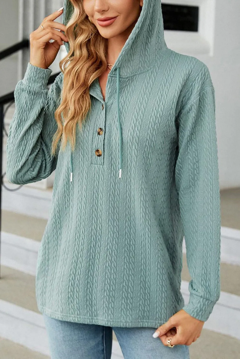 Mint Green Button Front Textured Drawstring Hooded Long Sleeve Top sold by Beagle Boutique product image thumbnail 3