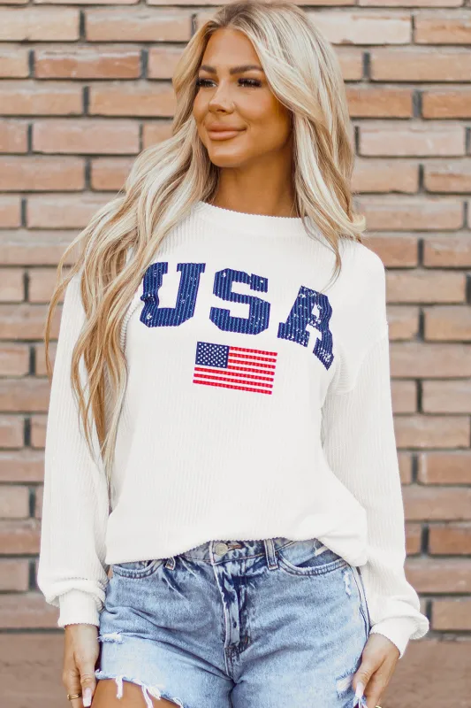 White USA Flag Corded Graphic Sweatshirt sold by Beagle Boutique