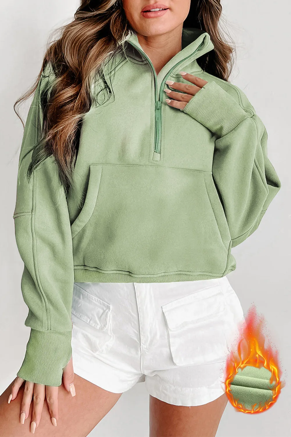 Smoke Green Fleece Lined Zip Up Stand Collar Thumbhole Sleeve Sweatshirt sold by Beagle Boutique