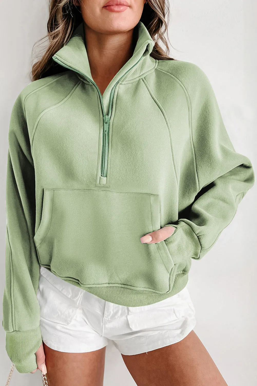 Smoke Green Fleece Lined Zip Up Stand Collar Thumbhole Sleeve Sweatshirt sold by Beagle Boutique product image thumbnail 3