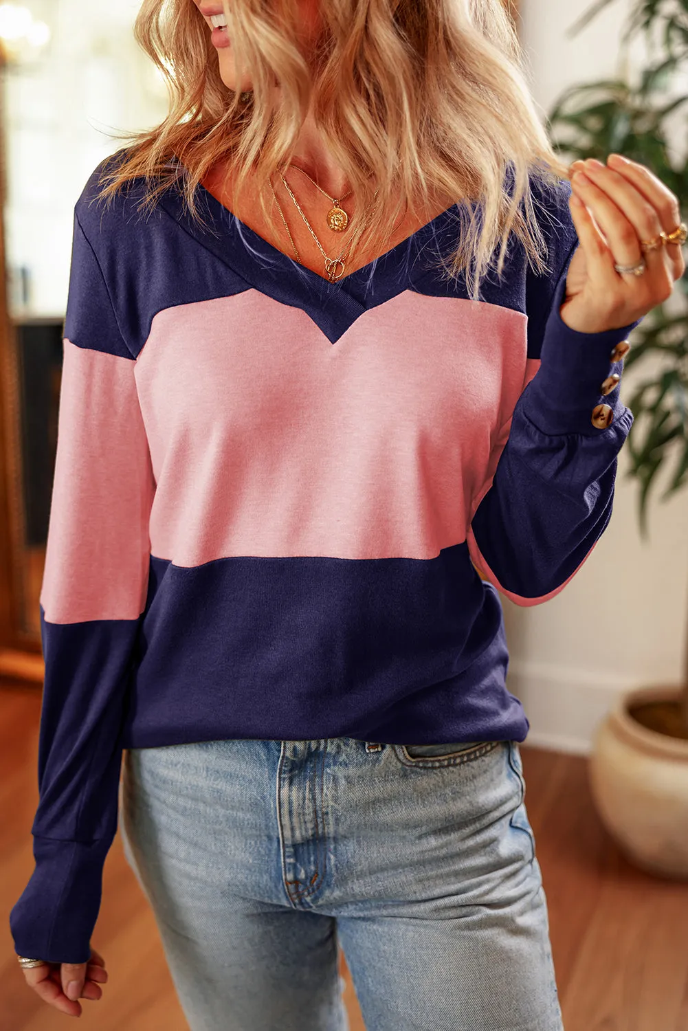 Blue Stripe Colourblock Button Decor Long Sleeve V Neck Top sold by Beagle Boutique