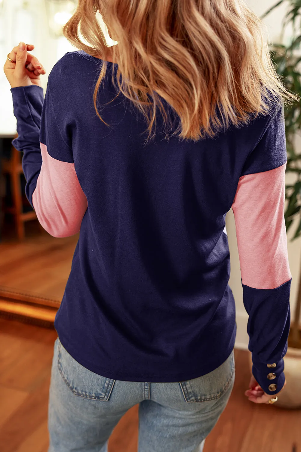 Blue Stripe Colourblock Button Decor Long Sleeve V Neck Top sold by Beagle Boutique product image thumbnail 3