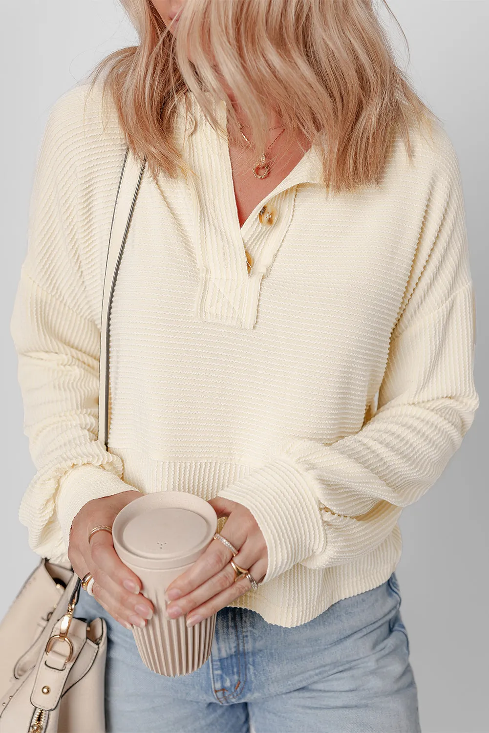 Beige Ribbed Texture Lantern Sleeve Buttons Henley Sweatshirt sold by Beagle Boutique