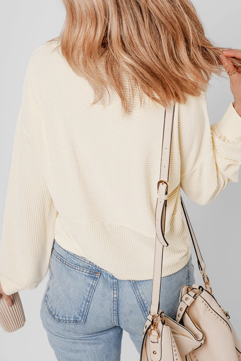 Beige Ribbed Texture Lantern Sleeve Buttons Henley Sweatshirt sold by Beagle Boutique product image thumbnail 2
