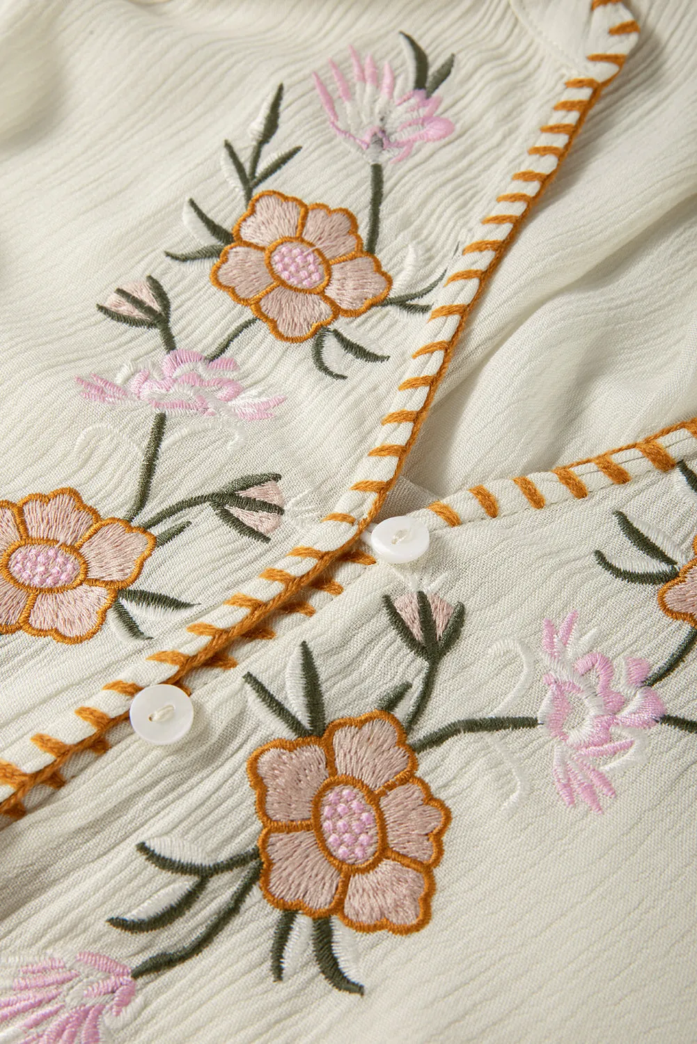 Beige Floral Embroidered Textured Puff Sleeve Loose Shirt sold by Beagle Boutique product image thumbnail 5