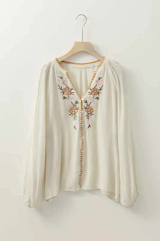 Beige Floral Embroidered Textured Puff Sleeve Loose Shirt sold by Beagle Boutique