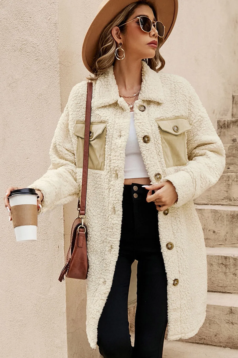 Beige Contrast Flap Pocket Single Breasted Teddy Coat sold by Beagle Boutique product image thumbnail 3