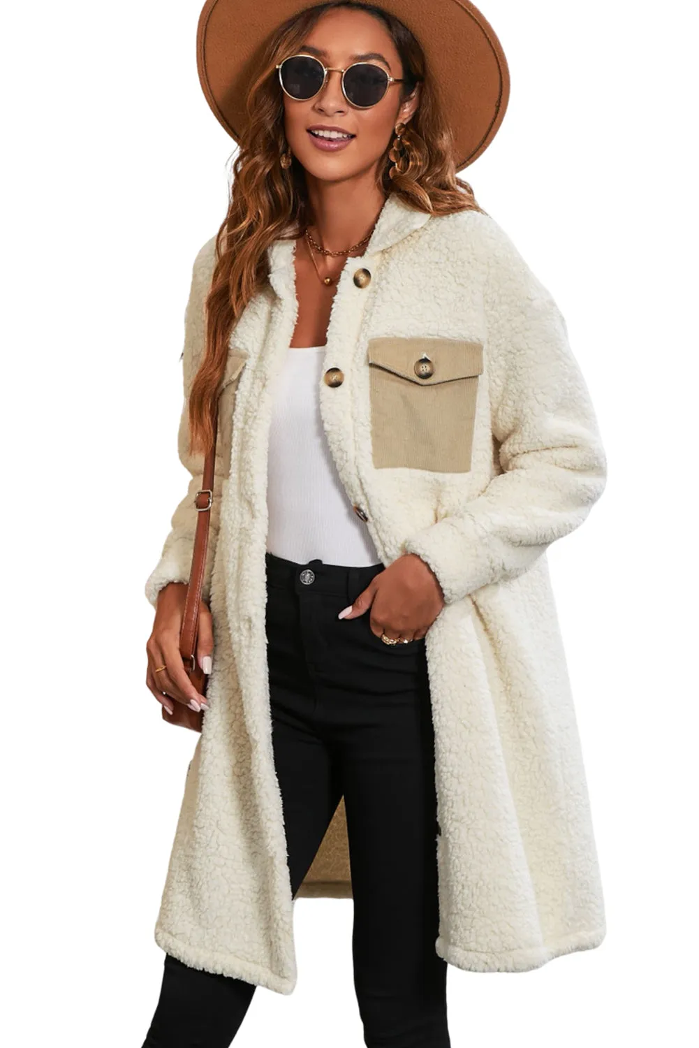 Beige Contrast Flap Pocket Single Breasted Teddy Coat sold by Beagle Boutique product image thumbnail 4