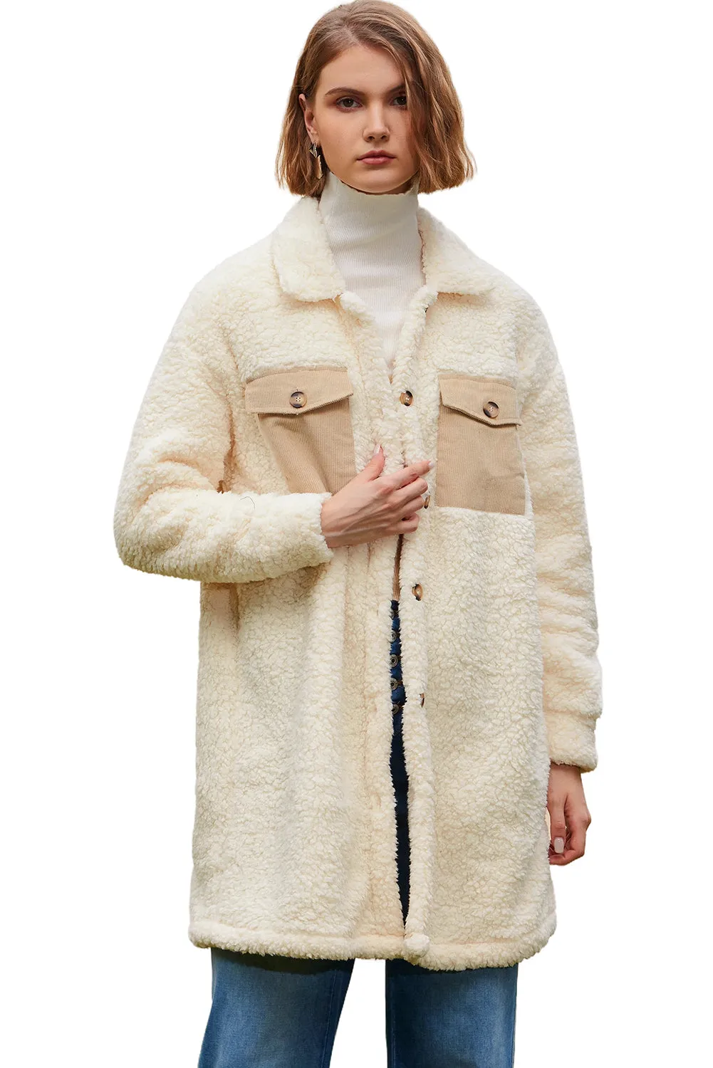 Beige Contrast Flap Pocket Single Breasted Teddy Coat sold by Beagle Boutique product image thumbnail 5