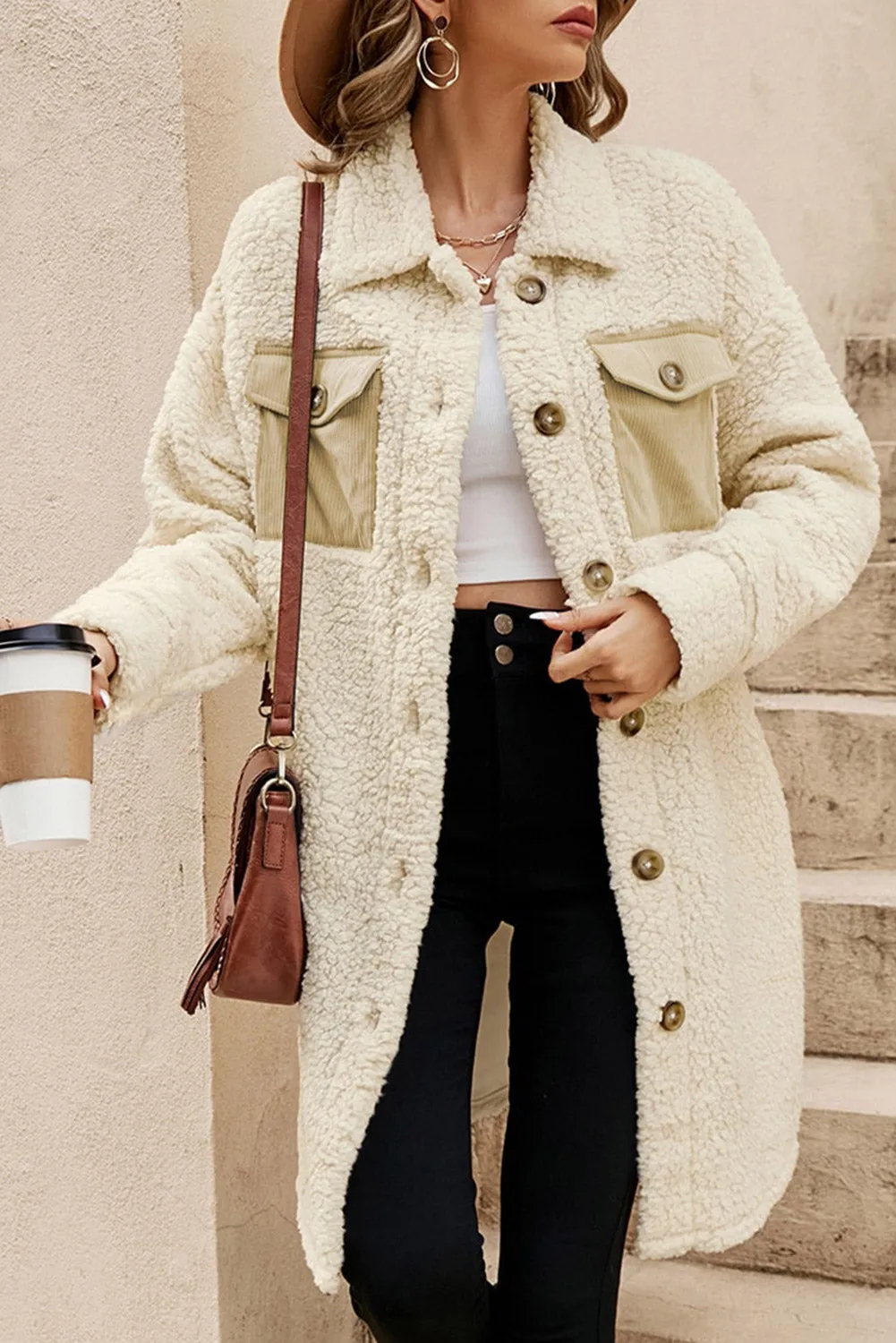 Beige Contrast Flap Pocket Single Breasted Teddy Coat sold by Beagle Boutique