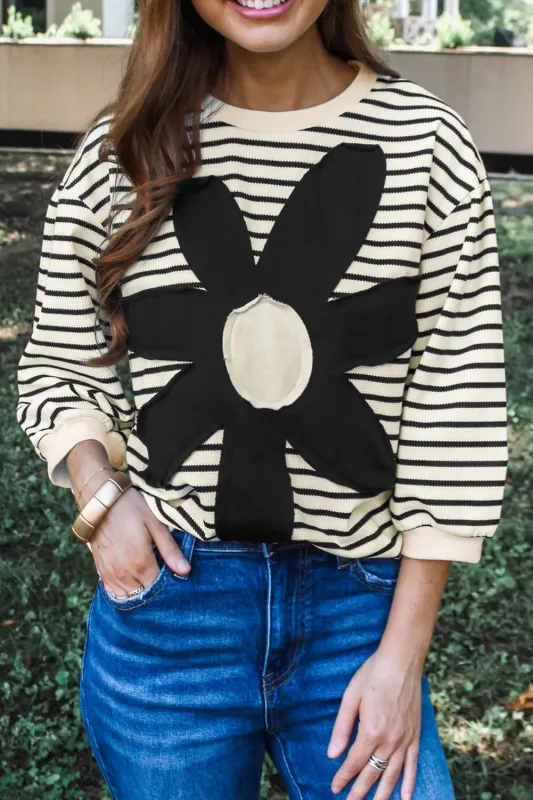 Black white Striped Big Flower Patched 3/4 Sleeve Top sold by Beagle Boutique