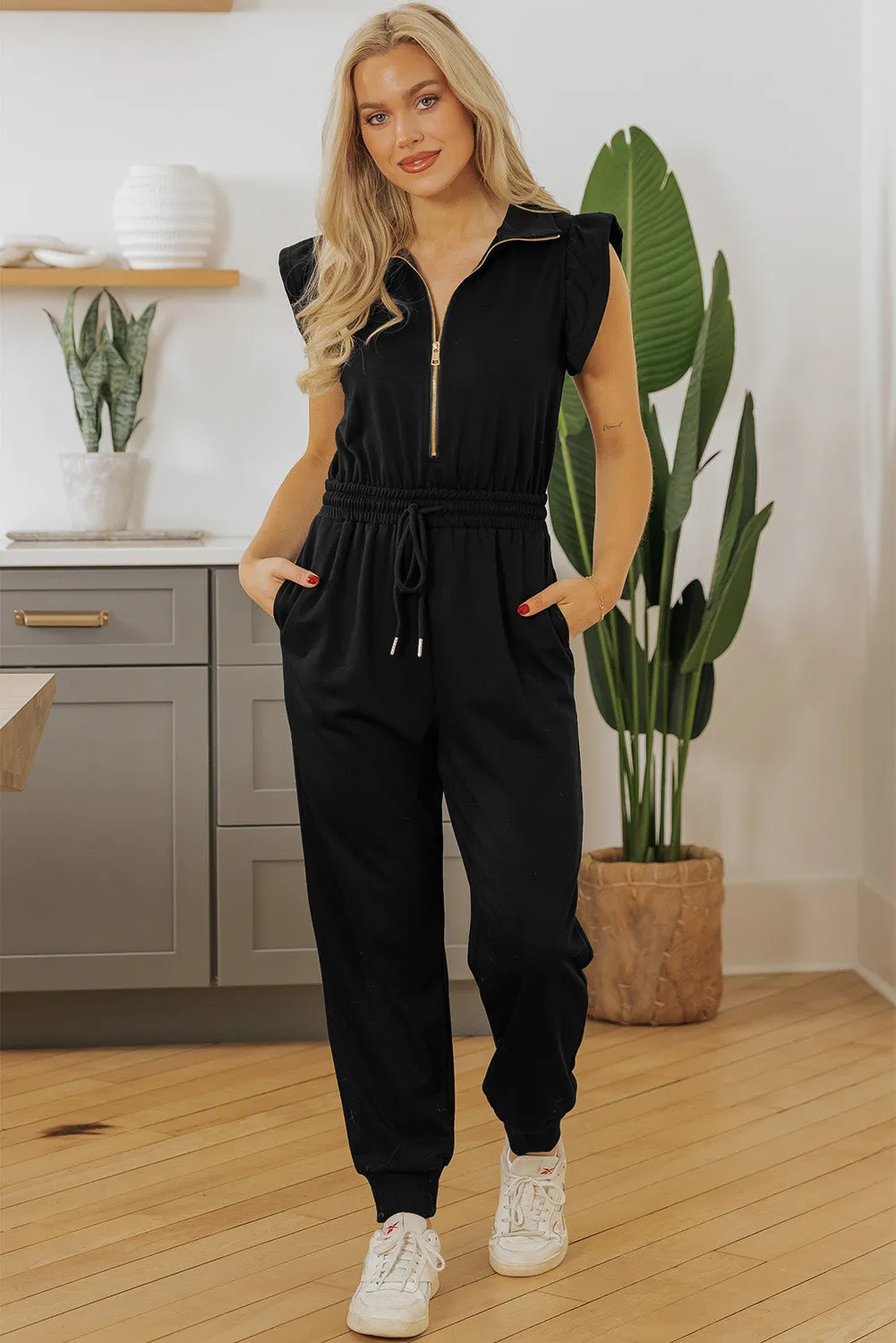 Black Zipper Flutter Sleeve Drawstring High Waist Jumpsuit sold by Beagle Boutique product image thumbnail 4