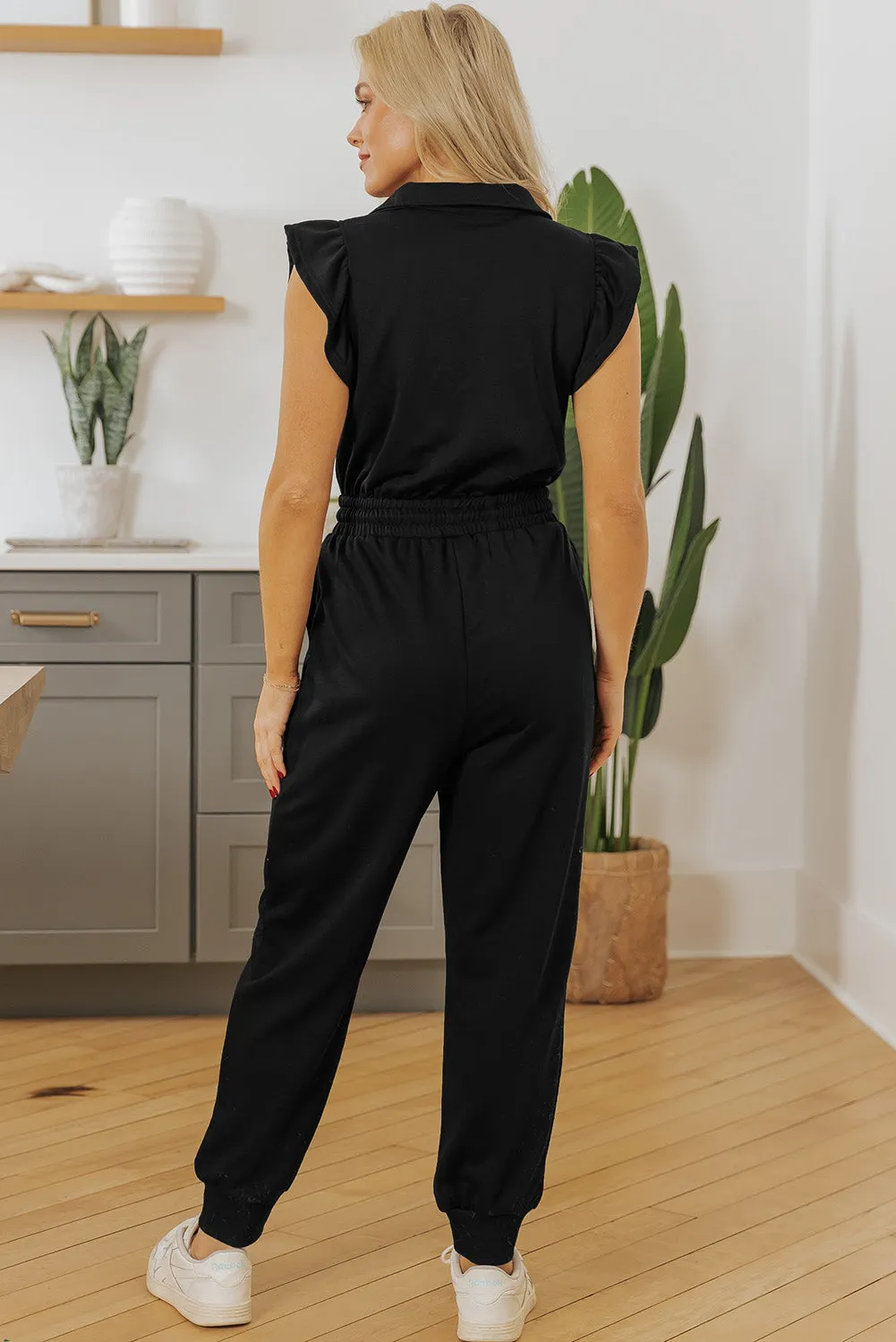 Black Zipper Flutter Sleeve Drawstring High Waist Jumpsuit sold by Beagle Boutique product image thumbnail 5