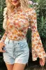 Orange Floral Printed Bell Sleeve Mock Neck Scallop Trim Blouse sold by Beagle Boutique