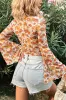 Orange Floral Printed Bell Sleeve Mock Neck Scallop Trim Blouse sold by Beagle Boutique