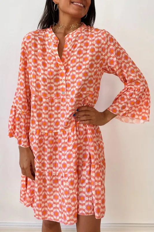 Orange Floral Print Flounce Sleeve Buttoned Front Mini Dress sold by Beagle Boutique