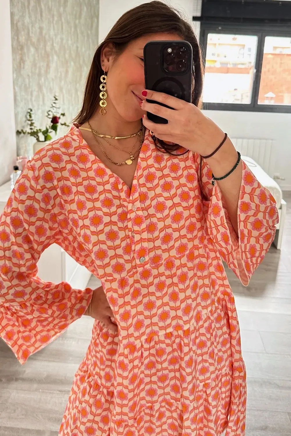 Orange Floral Print Flounce Sleeve Buttoned Front Mini Dress sold by Beagle Boutique product image thumbnail 3