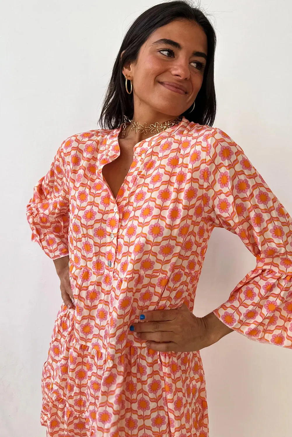 Orange Floral Print Flounce Sleeve Buttoned Front Mini Dress sold by Beagle Boutique product image thumbnail 2