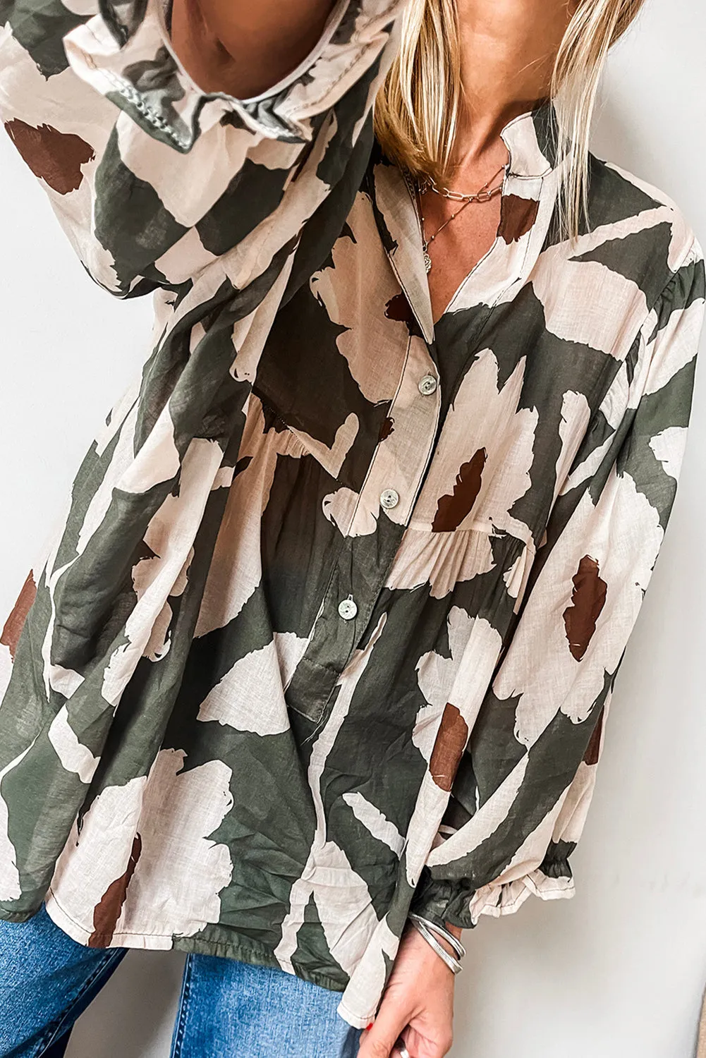 Four Leaf Clover Abstract Floral Print Puff Sleeve Half Button Blouse sold by Beagle Boutique