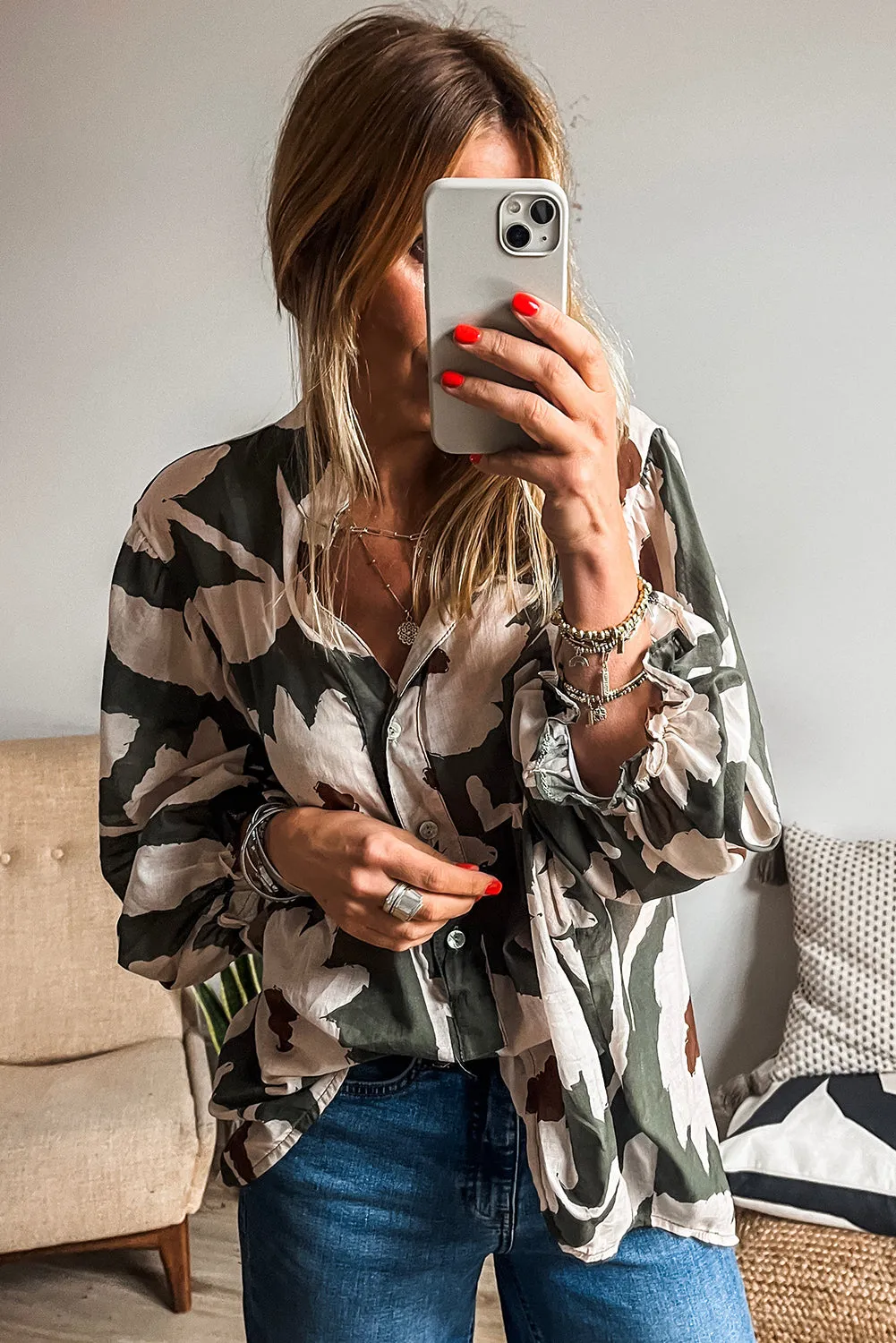 Four Leaf Clover Abstract Floral Print Puff Sleeve Half Button Blouse sold by Beagle Boutique product image thumbnail 2