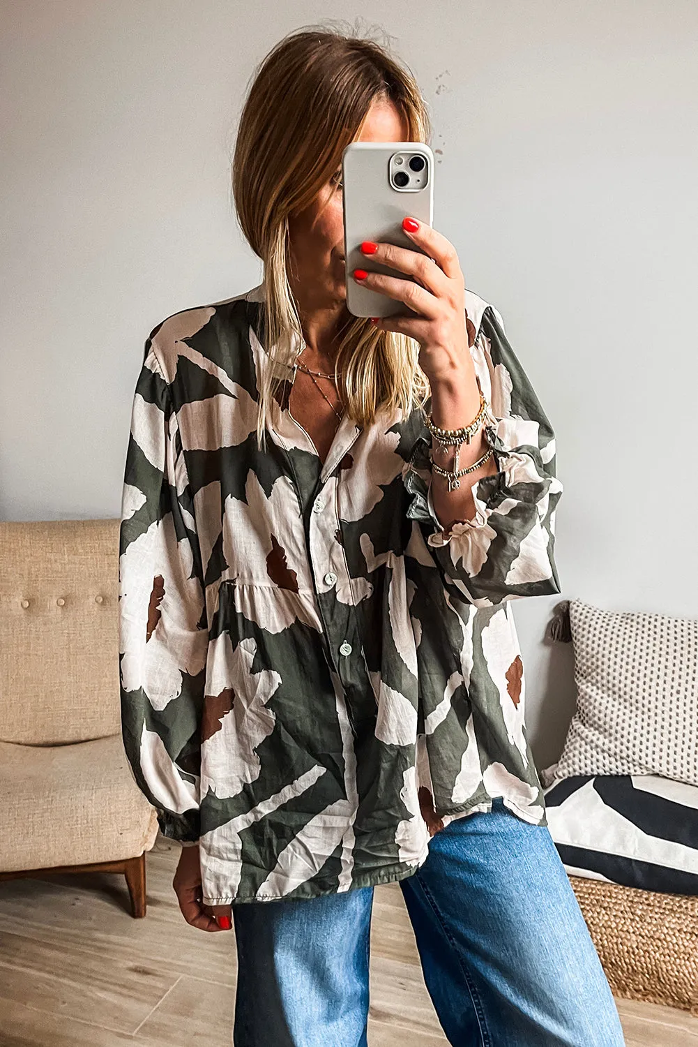 Four Leaf Clover Abstract Floral Print Puff Sleeve Half Button Blouse sold by Beagle Boutique product image thumbnail 3