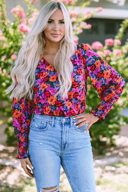 Floral Print Wrap V Neck Long Sleeve Bodysuit sold by Beagle Boutique