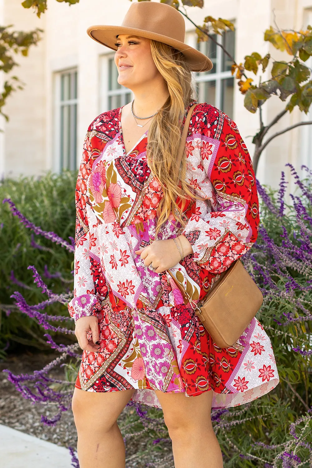Rose Mixed Floral Long Sleeve V Neck Lace-up Hollowed Back Plus Size Dress sold by Beagle Boutique product image thumbnail 5