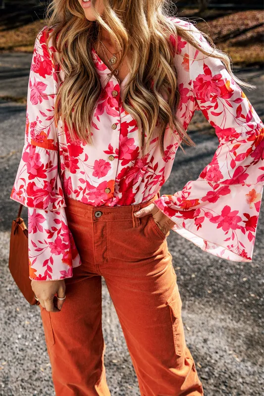 Pink Floral Print Tiered Bell Long Sleeve Buttoned Bodysuit sold by Beagle Boutique