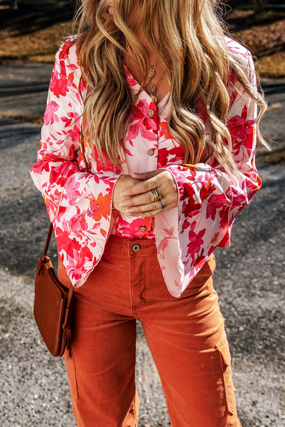 Pink Floral Print Tiered Bell Long Sleeve Buttoned Bodysuit sold by Beagle Boutique product image thumbnail 3