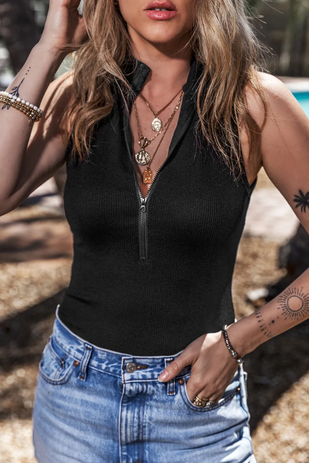 Black Zip up Mock Neck Ribbed Sleeveless Bodysuit sold by Beagle Boutique product image thumbnail 3